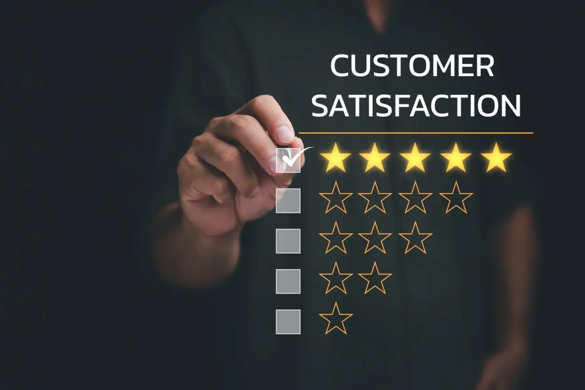 Businessman giving rating with 5 star, Customer service and Satisfaction ,Business people man giving Feedback via the Internet. Positive Review. Client Satisfaction Surveys